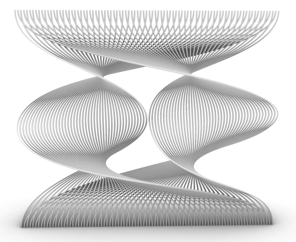 Experiment with 90 cards in which a perfect in-shuffle is immediately followed by its inverse. Rendered in Rhino.