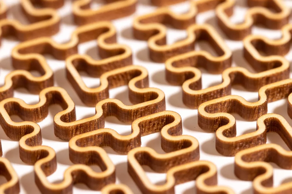 A close-up of the Hilbert curve made with a laser cutter in wood. (Photo: Edmund Harriss)